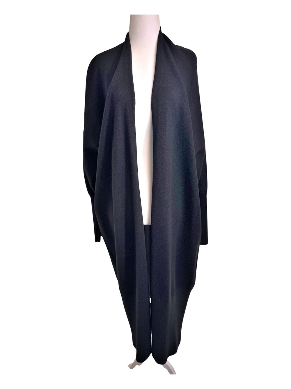 NWT DKNY Black Long Open Front Draped Merino Wool Duster Cardigan Sweater M/L